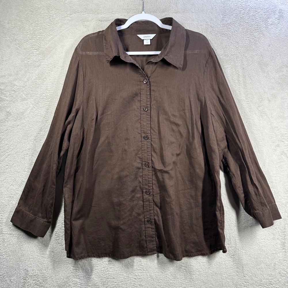 CJ Banks Button Up Shirt Womens 2X Brown Linen Cotton Blend Long Sleeve Casual
